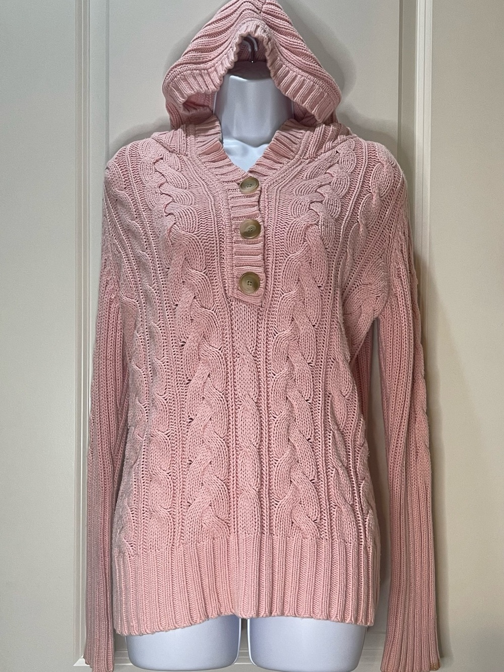 Style & Co. Pink Cable-Knit Hooded Sweater with Button Placket M